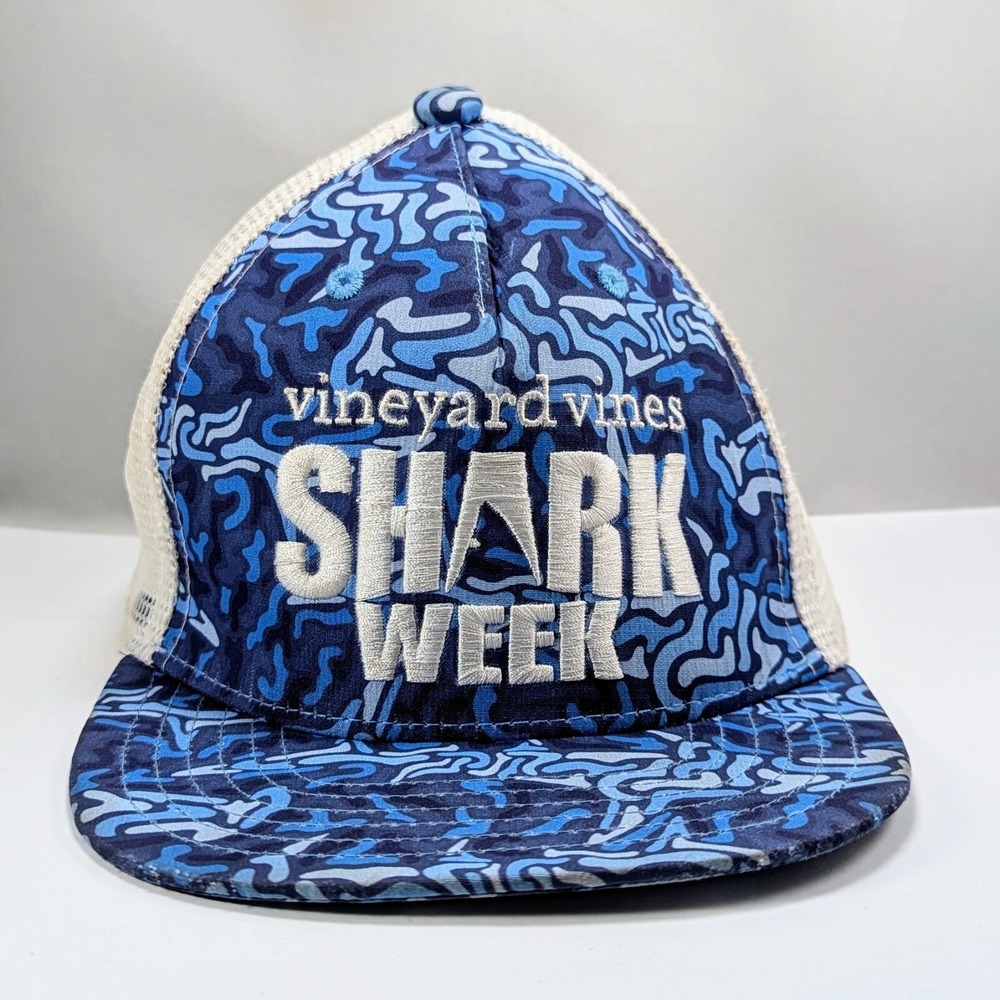 Vineyard Vines Shark Week Blue White Mesh Snap Back Trucker Hat Cap Boys Youth
